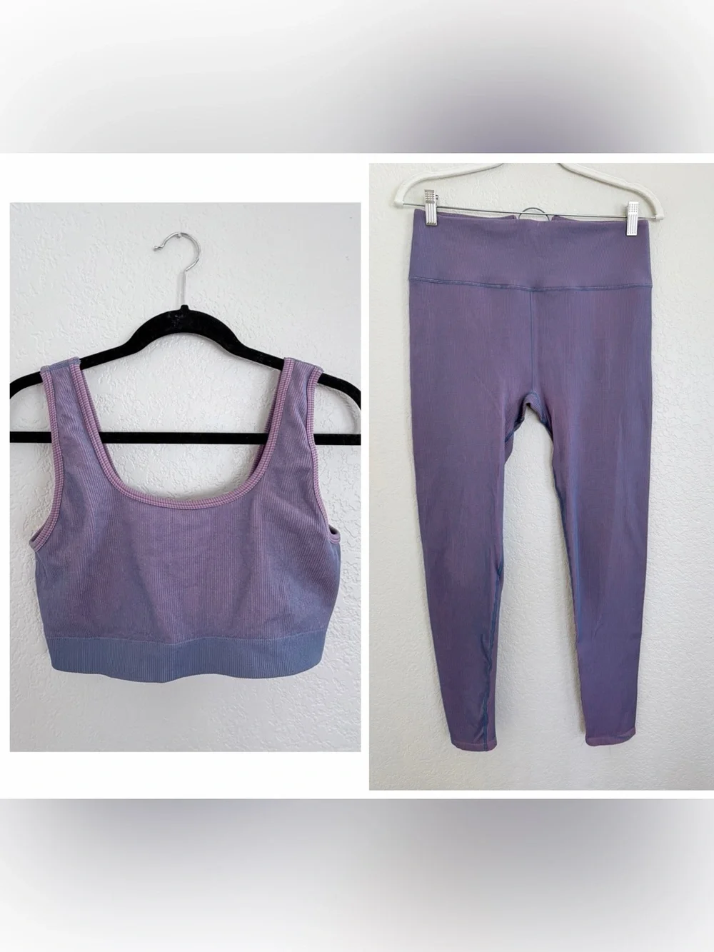 Ribbed 2-Piece Set Leggings + Sports Bra | Size Large | Purple/Pink